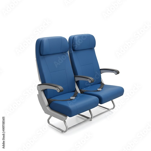 Two blue airplane seats isolated on white background for travel concepts and safety demonstration.