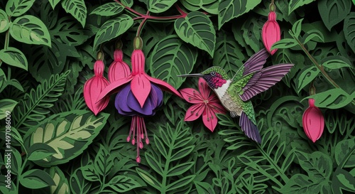 Detailed paper cut hummingbird amidst tropical foliage.