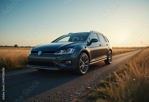 Modern black hatchback car driving on a rural road during golden hour with scenic fields