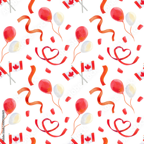 Seamless pattern of Canada Day holiday elements. Flags, maple leaves, ribbons and festive garlands in red and white. Hand painted with watercolor on a white background