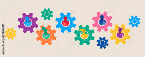 Teamwork concept. Cooperation, partnership. Colleagues in gears. Colorful vector illustration
