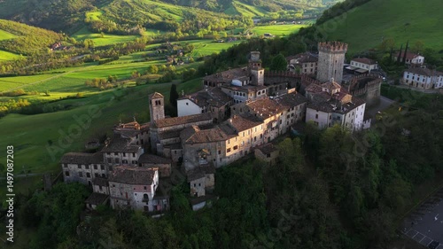 Wallpaper Mural Historic fortified village of Vigoleno, with castle on a hill. Emilia-Romagna, Italian heritage, Italy, aerial Torontodigital.ca