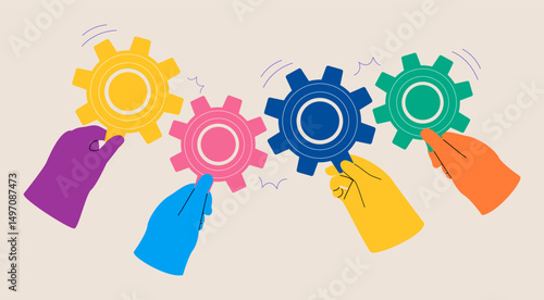 Hands holding gears in hands as symbol of cooperation. Teamwork collaboration and unity concept. Colorful vector illustration