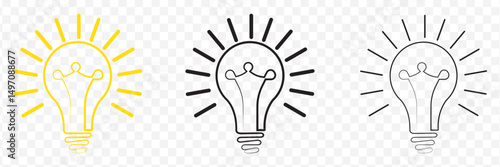 Linear Glowing light bulb on Transparent background. Set icon in Doodle style. EPS 10.