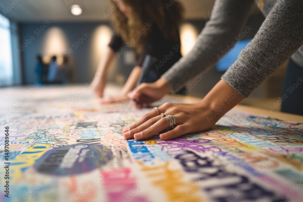 Fototapeta premium People Collaborating on Colorful Graffiti Art Project, Symbolizing Teamwork and Creative Expression for Marketing Campaigns and Community Engagement Initiatives : Generative AI