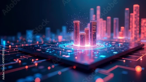 Futuristic cityscape. Digital concept. Neon lights. Technology visualization. Circuit board. Blue red contrast. Abstract design. Innovation symbol. Data representation. Background image. Technology t