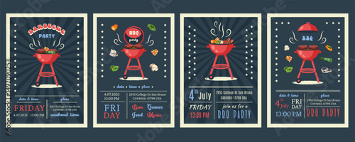 Set of Bbq Celebration posters. 4th of July BBQ Party. Independence Day. Holiday cards with national American symbols. Barbecue grill. Summer picnic. Vector illustration with steaks and vegetables