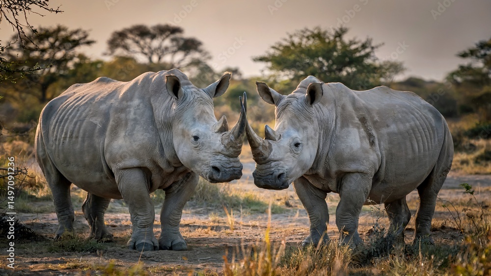 Obraz premium Two Rhinoceroses Facing Each Other in Natural Wildlife Habitat