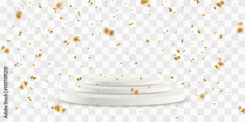 Vector 3d podium with falling golden bright confetti. Empty stage or pedestal isolated on png background. Podium or platform for award ceremony, product presentation. Vector illustration