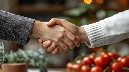Close-up of a handshake between two individuals, a blurred background shows plants and tomatoes, suggesting a business deal or partnership in the agricultural sector