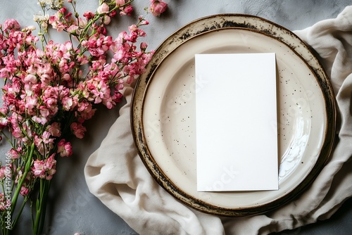 Elegant dining table setting with blank white menu mockup laying on plate. Restaurant napkin invitation card template with copy space for weddings, romantic dinner -