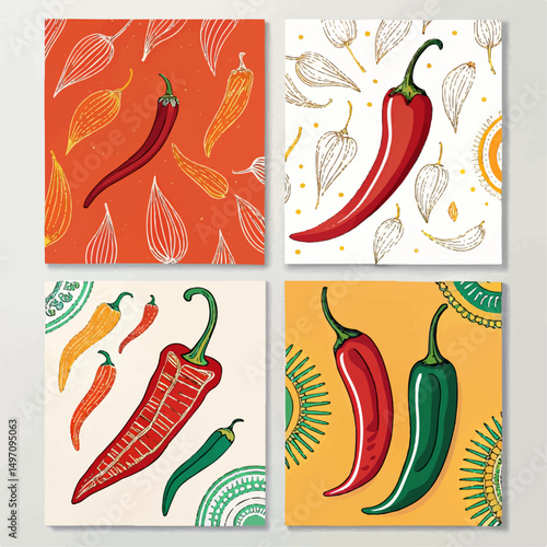 Set of abstract food posters with  chili peppers, Contemporary art prints in colorful trendy style. Dinner party wall art. Vector graphic