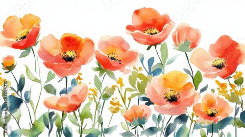 Aquarell-Mohnblumenfeld, zarte Farben, florale Komposition