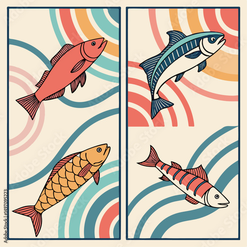 Set of abstract food posters with fish. Contemporary art prints in colorful trendy style. Dinner party wall art. Vector graphic