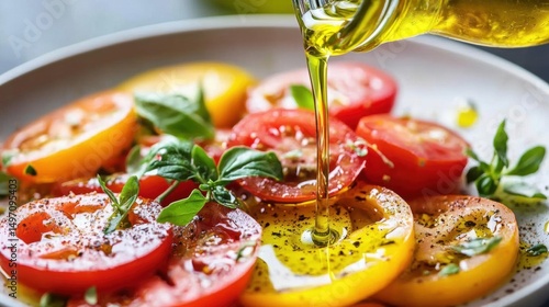 Plate of sliced tomatoes with olive oil being poured over them. the tomatoes are red and yellow in color and are arranged in a circular pattern on the plate.