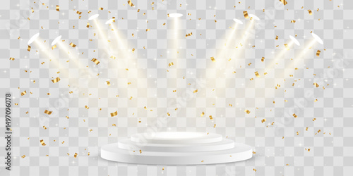 Vector 3d podium with spotlights png. Scene spotlight beams, studio lighting. Empty stage or pedestal. Podium for award ceremony, product presentation. Bright lighting with spotlights.