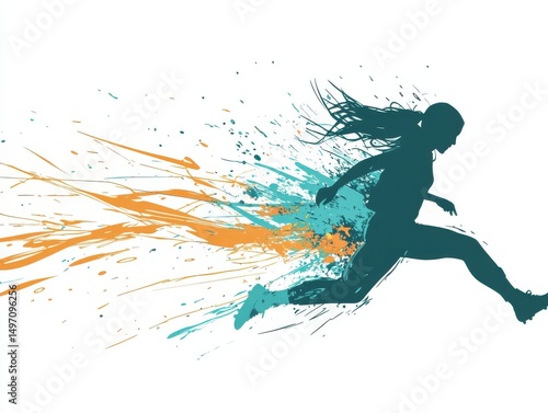 Female runner silhouette in mid-sprint with abstract splashes of paint trailing motion.