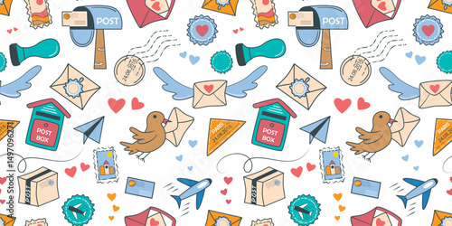 Post parcels and letters hand drawn seamless pattern. Background with colored elements - envelope, mailbox, letter, parcel, carrier pigeon, airplane, stamp. Print mail, vector graphics