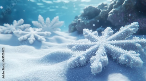 Fototapeta Naklejka Na Ścianę i Meble -  Intricate snowflakes rest on a pristine, snow-covered seabed, bathed in ethereal underwater light near a coral reef