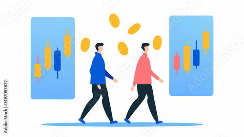 Two people walking with stock market charts and falling coins in a stylized illustration style art