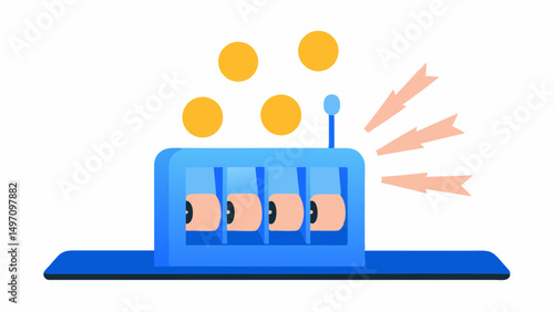 A blue machine with four compartments displaying eyes and emitting light with yellow circles above it