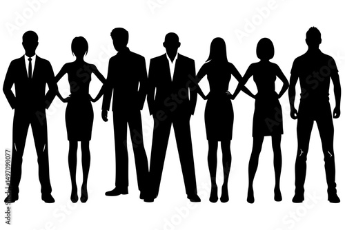 Silhouettes of diverse people standing. Group of silhouettes showing various poses. Silhouettes of men and women in different stances. People silhouettes, vector set.
