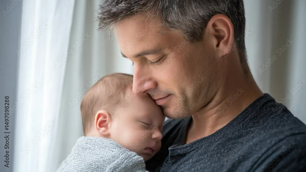 Father holding sleeping newborn baby near window Father holding sleeping newborn baby near window