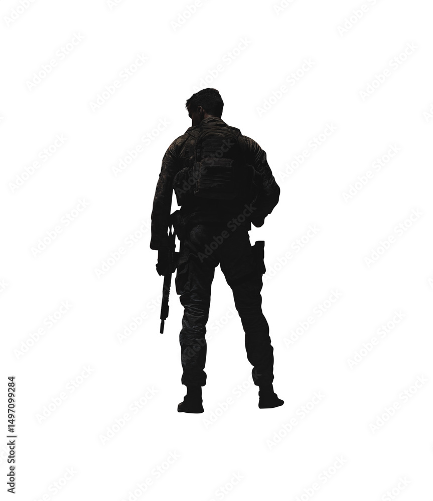 Fototapeta premium Armed Soldier in Tactical Gear Silhouette View - Transparent background PNG