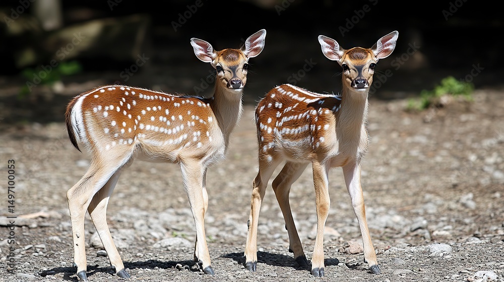 Obraz premium Two Young Spotted Deer Standing Side by Side in a Forest Setting