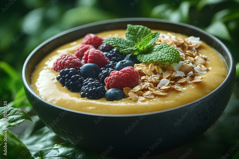 Healthy Breakfast Bowl with Fresh Berries, Granola, and Mint Garnish Amidst Greenery Healthy Breakfast Bowl with Fresh Berries, Granola, and Mint Garnish Amidst Greenery