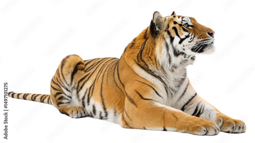 Obraz premium endangered bengal tiger in relaxed pose on clean white background 