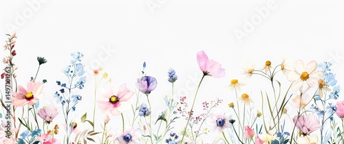 watercolor-style illustration featuring a variety of delicate wildflowers against a white background. The layout is horizontal, with flowers primarily concentrated along the bottom half