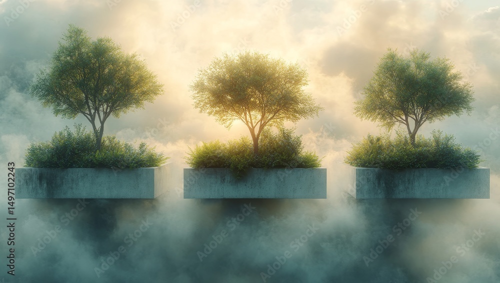 Fototapeta premium Three Lush Green Trees on Floating Concrete Islands in a Dreamlike Sunset Sky