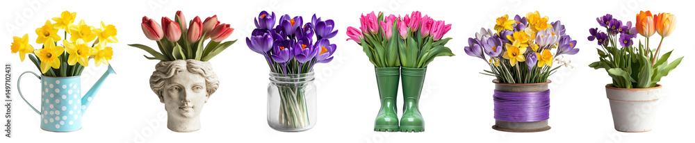 Obraz premium PNG Colorful spring flowers in pots, element set on transparent background