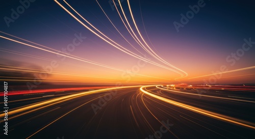 夕暮れの高速道路と車のライトが描く光跡の背景