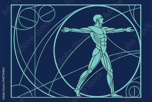 vitruvian man, detailed anatomical study, technical blueprint style, technical diagram, elegant line art, blue and white color scheme, intricate geometric patterns, classical renaissance art, detailed