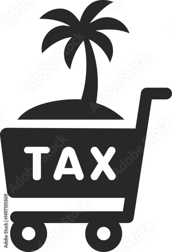 Shopping cart with island and TAX text inside, symbolizing tourism tax, solid icon vector.