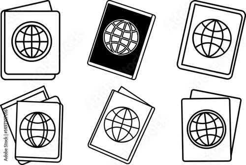 Set of international passport outline line art illustration, coloring book page