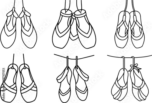 Set of hanging pointe shoes outline line art illustration, coloring book page