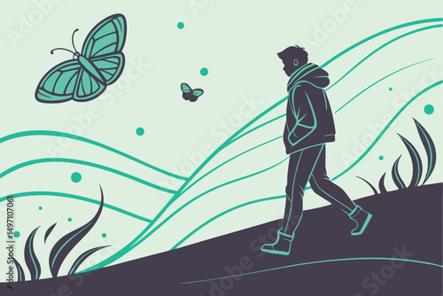 A man walking on a path surrounded by nature, with butterflies and swirling lines in the background, digital art style, minimalist, muted colors, dreamy, whimsical

