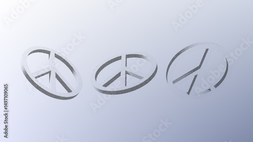 Dotwork pattern peace symbol. Black noise stipple dots pigeon's foot sign. Sand grain effect. Black dots grunge banner, poster. 3d symbol from different angles. Grainy gradient noise dotwork pattern.