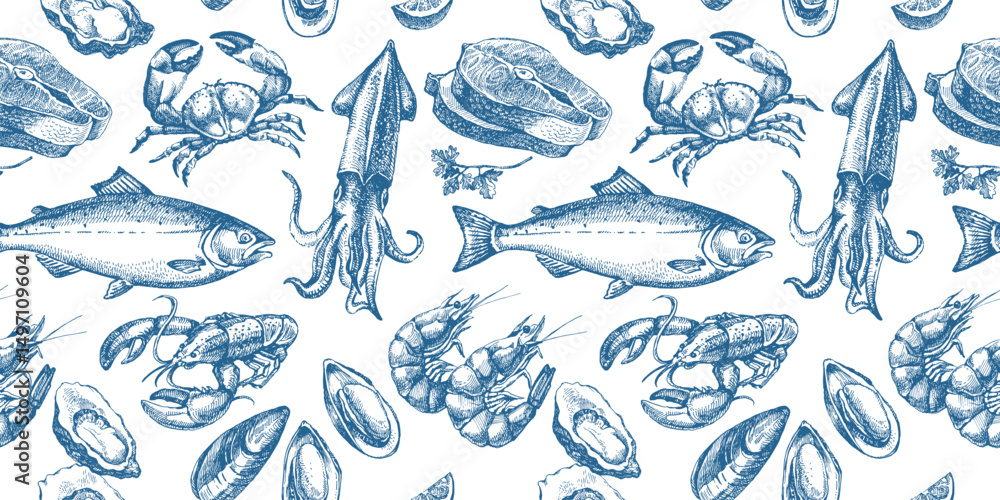 Sketch vintage seafood seamless pattern. Hand drawn vector illustration background