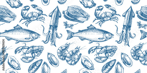 Sketch vintage seafood seamless pattern. Hand drawn vector illustration background