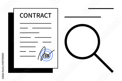Contract document with signature next to magnifying glass highlighting review process, attention to detail, accountability, verification, legal compliance, agreement terms. Ideal for business, legal