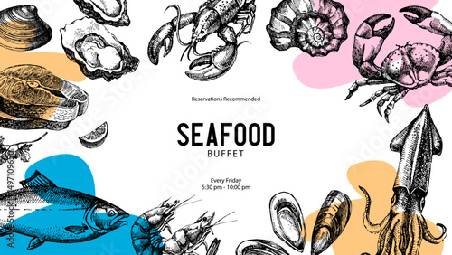 Sketch vintage seafood frame. Hand drawn vector illustration background