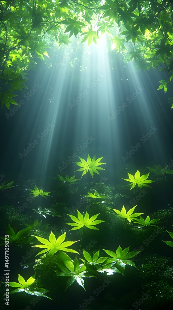 Obraz premium Sunbeams illuminate a forest floor strewn with vibrant green maple leaves, creating a mystical, ethereal scene