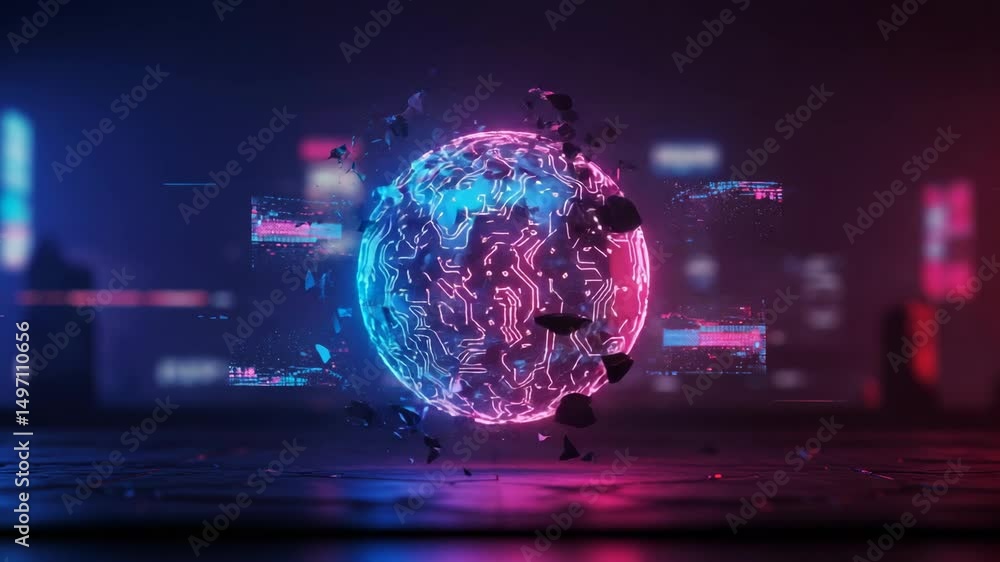 Futuristic digital globe with neon effects in cyberpunk environment