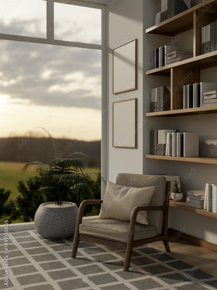 Fototapeta premium An armchair with pillow next to potted plant and large bookshelf in the room with green scenery view