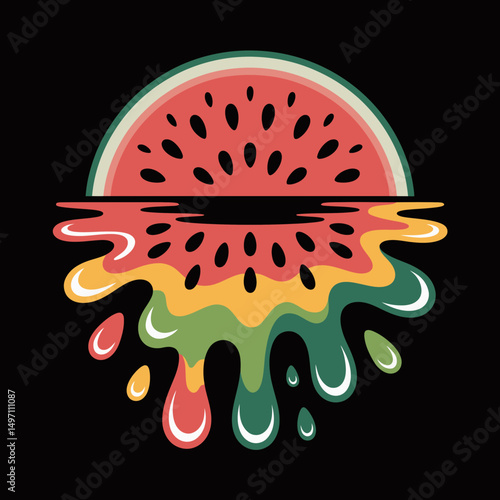A stylized half watermelon is depicted with vibrant, colorful drips flowing from it, creating a gradient effect.