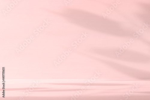 Abstract pink color gradient studio background for product presentation. Empty room with shadows of flowers and plant leaves. 3d purple room with copy space. Summer concept. Blurred backdrop